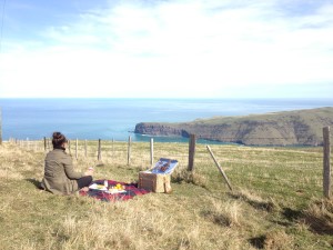 Picnic overlooking Akaroa Harbour heads, Canterbury, New Zealand